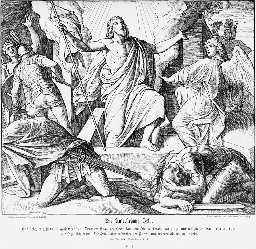 Klassische Darstellung der Auferstehung: Der triumphierende Christus erhebt sich, von einem Engel assistiert, aus dem Grab, die Wächter sinken geblendet zu Boden, in der Ferne nahen die drei Frauen mit den Salbölen.