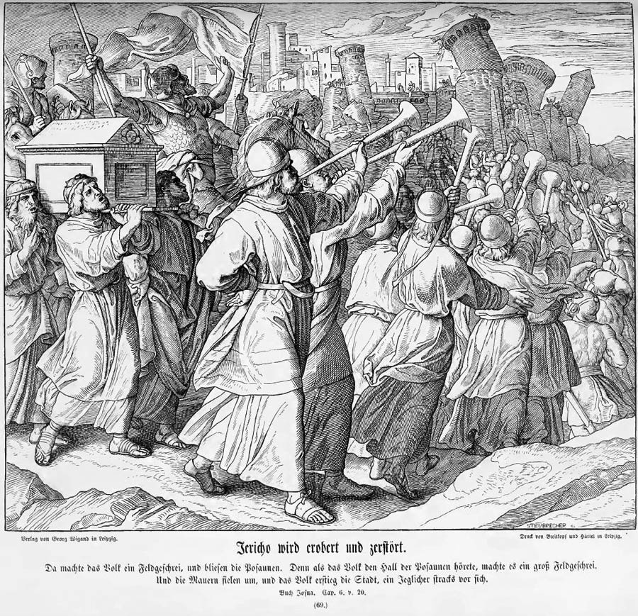 Die Abbildung zeigt den Zug der Priester mit der Bundeslade um die STadt Jericho, deren befestigte Mauern beim Schall der Posaunen einstürzen