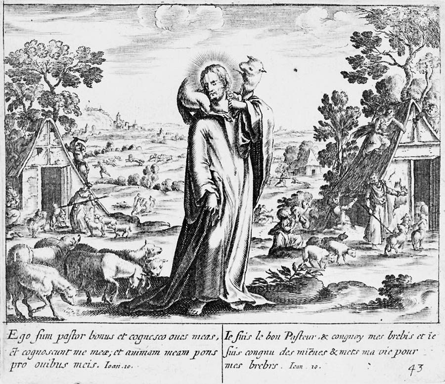 Der Stich aus der französischen Sammlung biblischer Geschichten des 17. Jahrhunderts zeigt eine klassische Darstellung von Christus dem Guten Hirten