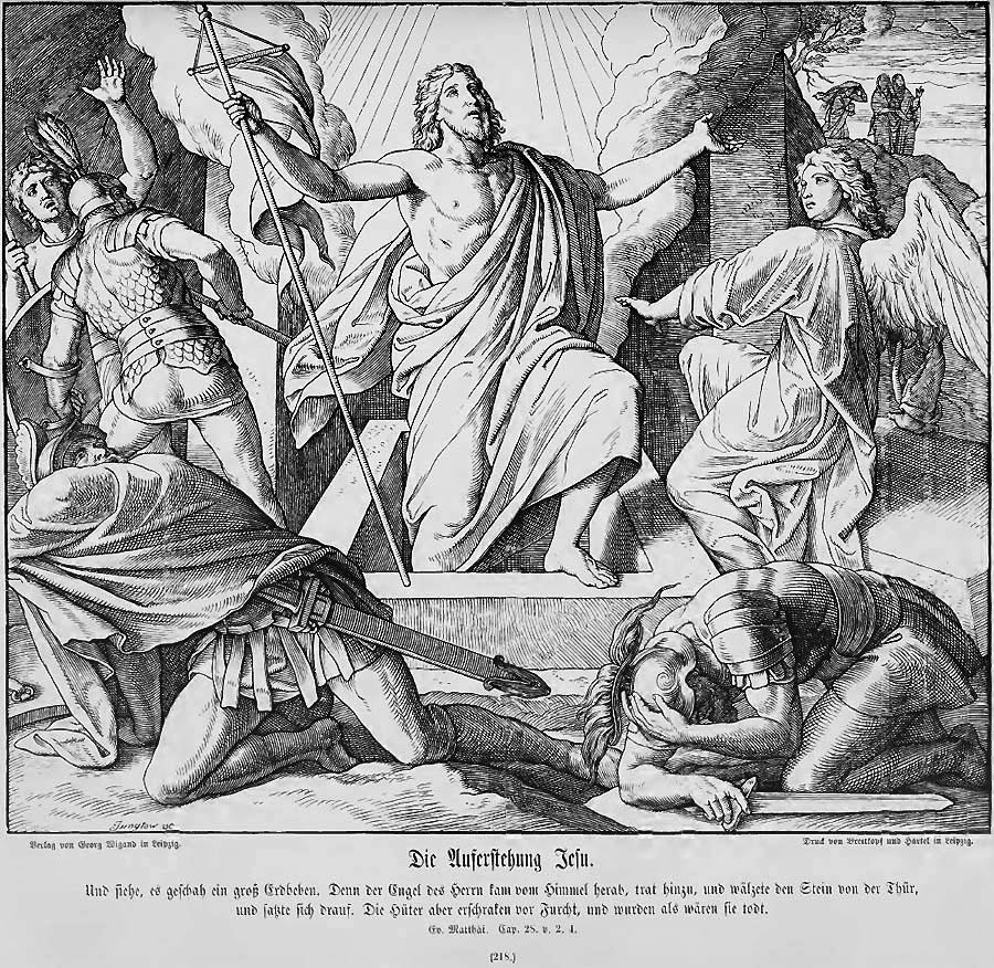 Die Wächter sinken geblendet und betäubt zu Boden - Christus erhebt sich siegreich aus dem Grab.