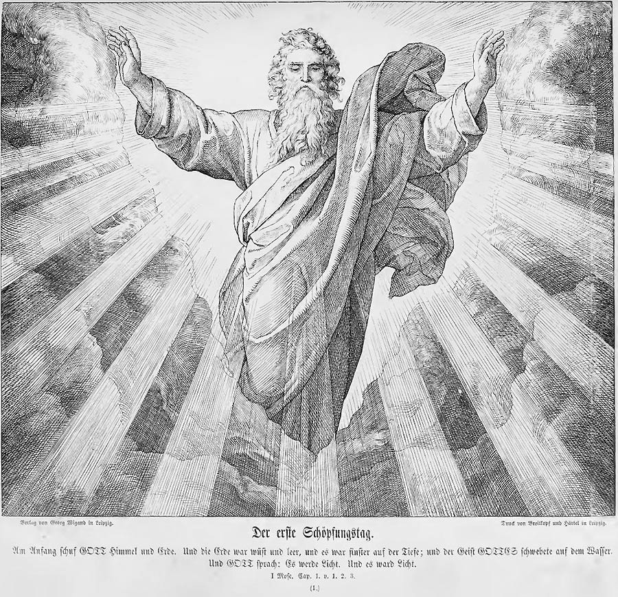 Die Wolken der Dunkelheit und des Nichts werden durch die vom im Zentrum der Darstellung stehenden Schöpfer (hier ist der Vater dargestellt)ausgehenden Strahlen aufgebrochen.