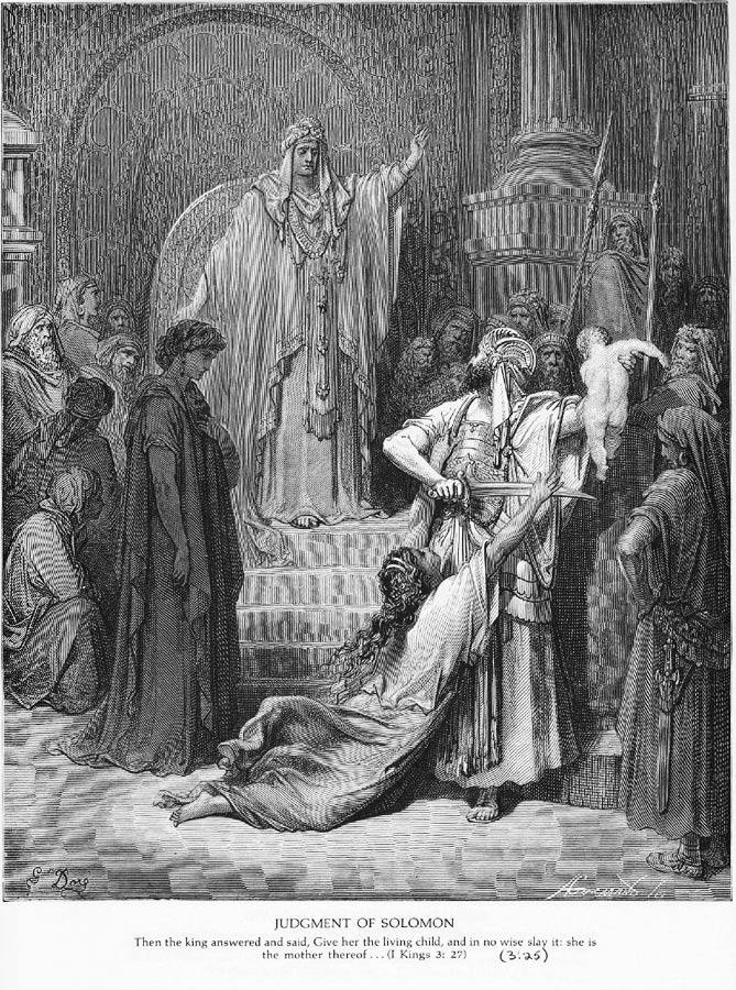 Das Bild zeigt die Schlüsselszene des &bdquo;Salomonischen Urteils&ldquo; Im Vordergrund die beiden Frauen, die um das Kind streiten, und den Gerichtsdiener, der schon das Schwert erhebt, um es &bdquo;gerecht&ldquo; zu teilen. Dahinter Salomo, der sich von seinem Thron erhebt und Einhalt gebietet.