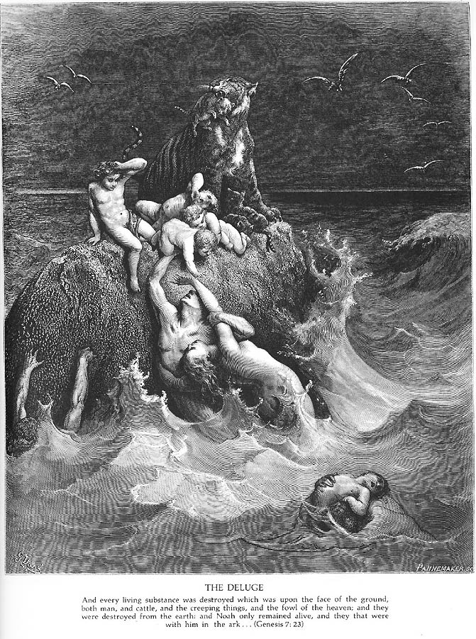 Menschne und Tiere versuchen sich vor dem Tosen der Sintflut auf einen Felsen zu retten - vergeblich.