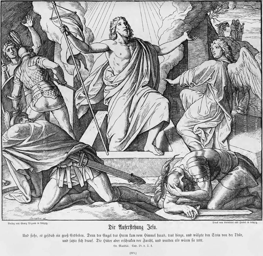 Die klassische Auferstehungsdarstellung zeigt Christus, der sich aus dem Grabe erhebt, umgeben von den geblendeten Und zu Boden stürzenden Wächter und einem hilfreichen Engel. Ganz fern im Hintergrund nähern sich bereits die drei Frauen mit den Spezereien.