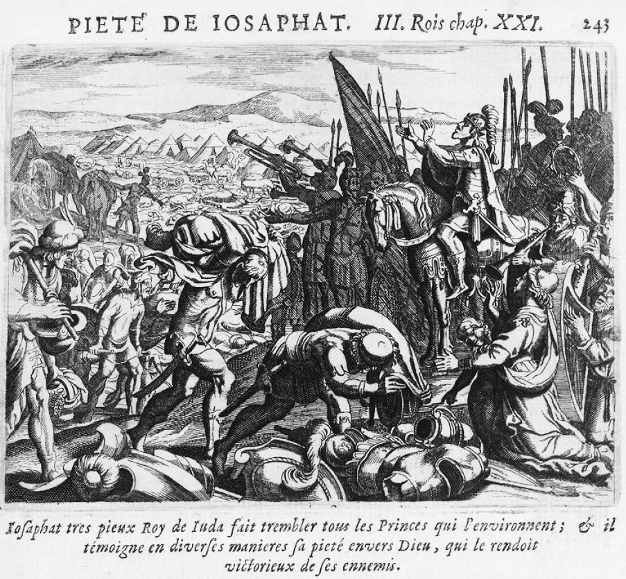 Die Abbildung zeigt die Szene aus dem II. Buch der Chronik 20, 22), in der Josphat Gott für den Sieg über die feindlichen Könige dankt