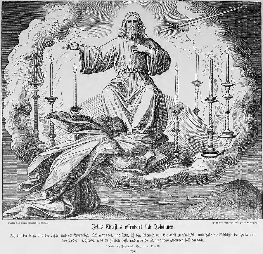 In der Mitte thront Christus als Herr der Welt und des Gerichtes, umgeben von den sieben Leuchtern der himmlischen Mächte. Ihm zu Füßen kniet der Seher Johannes, der aufschreibt, was ihm geoffenbart wird.