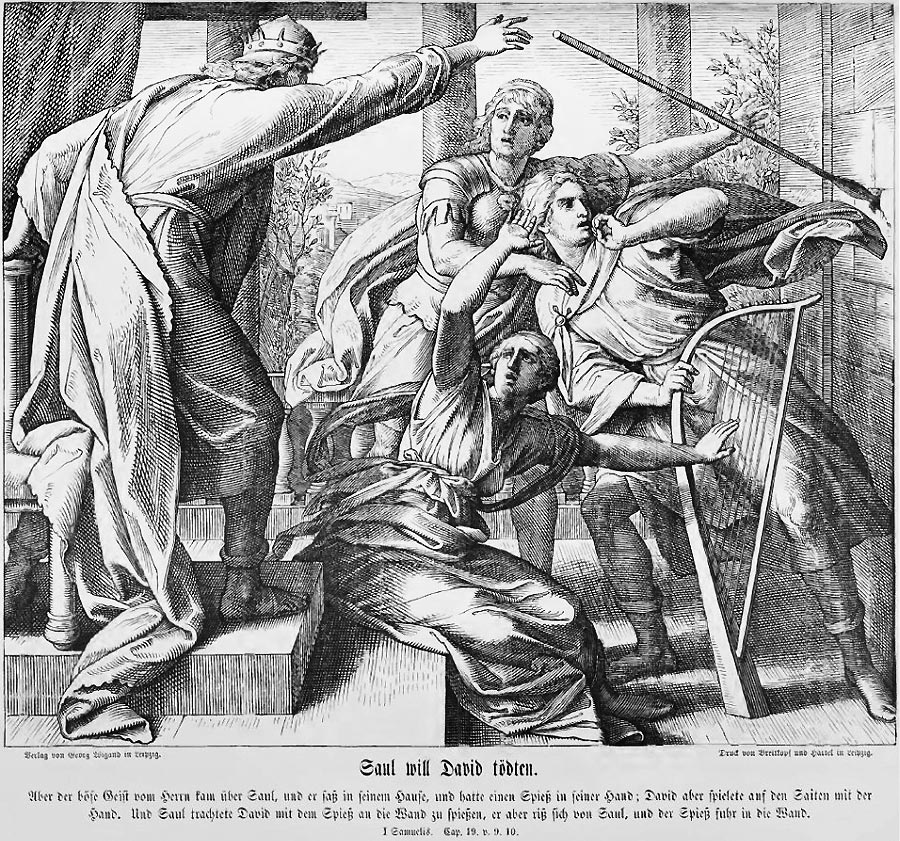 Der eifersüchtige König Saul eirft mit einem Speer auf den Harfe spielenden David, verfehlt ihn aber