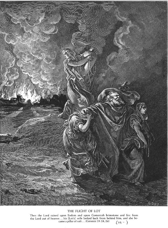 Der Schnitt aus der Doré-Bibel zeigt im Vordergrund den mit seinen Töchtern fliehenden Lot, im Mittelgrund seine zur Salzsäule erstarrende neugierige Frau und hinten das brennende Sodom