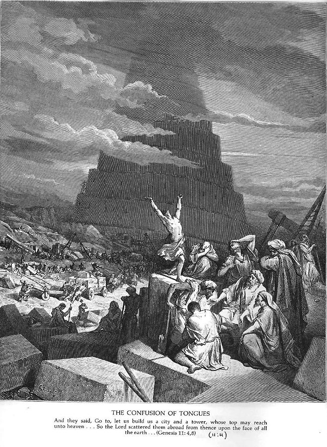 Im Hintergrund ragt mächtig der Fast vollendete Turmbau auf - im Vordergrund ringen die Einwohner Babylons verzweifelt die Hände, weil sie sich nicht mehr verständigen können. Dazwischen entfaltet sich Chaos auf der Baustelle.