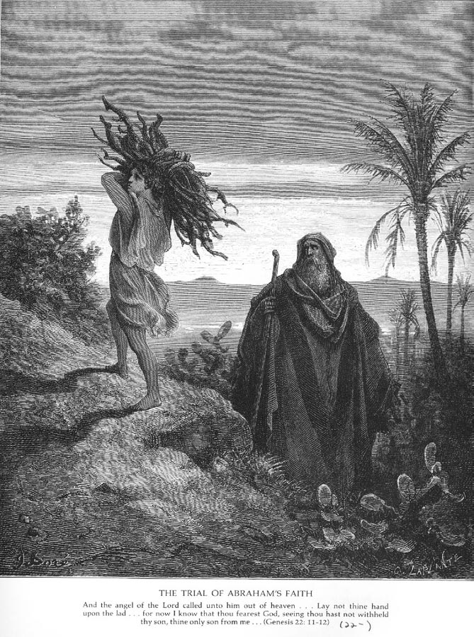 Abraham und sein Sohn Isaak besteigen den Berg zur Darbringung des Gott geschuldeten Dankopfers