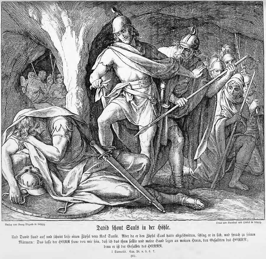 Statt den in seine Gewalt gefallenen schlafenden Saul zu töten, schneidet David ihm nur ein Stück seines Gewandes ab.