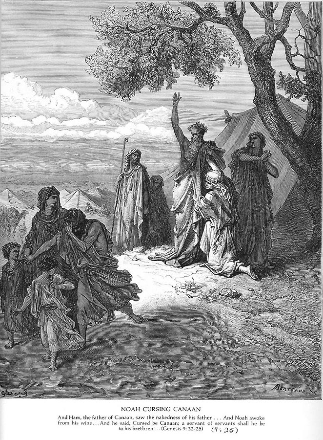 Im dunklen Vordergrund die Fliehende Familie Kanaans - dahinter im Licht der ihn verfluchende Noah.