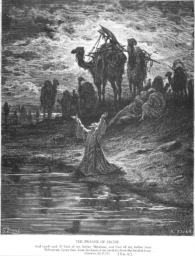 Jakob kniet am Flußufer und bittet den Herrn um Hilfe vor den heranrückenden Feinden.