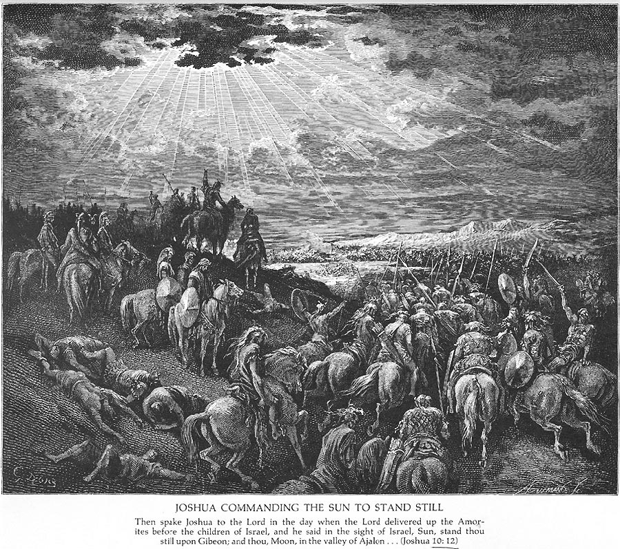Staunend sieht das Heer, wie die Sonne auf Gebot Josuas am Himmel still steht.