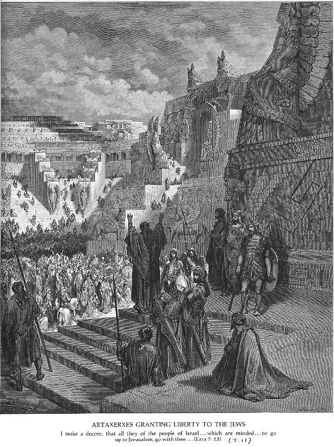 In einer imposanten Architektur-Kulisse - der Hintergrund zitiert die &bdquo;hängenden Gärten&ldquo; verkündigt König Artaxerxes seinen Beschluss zur Freilassung der Juden aus Babylon. Der König steht vorne mit den Rücken zum Betrachter auf dem Absatz einer Freitreppe, darunter im Hof die Menge der Juden, die ihm zuhören.