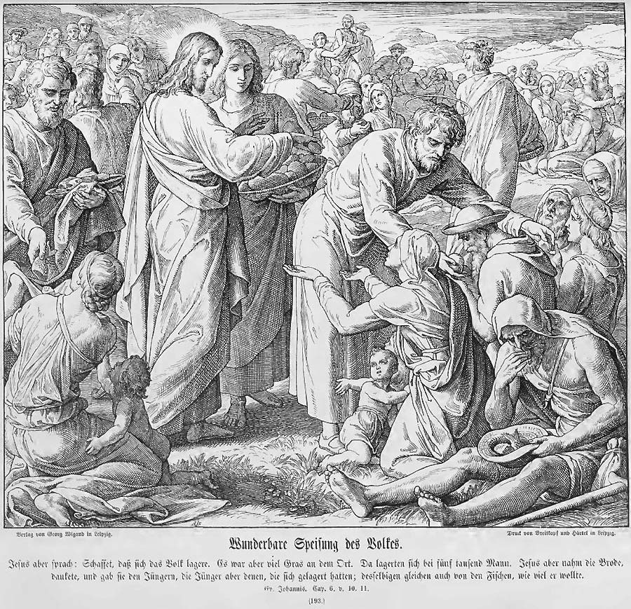 Die wunderbare Brotvermehrung: Jesus und seine Jünger/Helfer verteilen vom Brot und den Fischen.