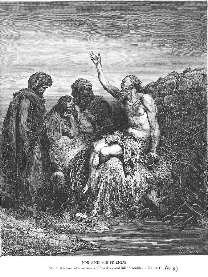 Der von Gott mit Krankheit und Armut geschlagene Hiob sitzt auf einem Felsen und beschwört seine Freunde, Gott nicht die Treue zu brechen.