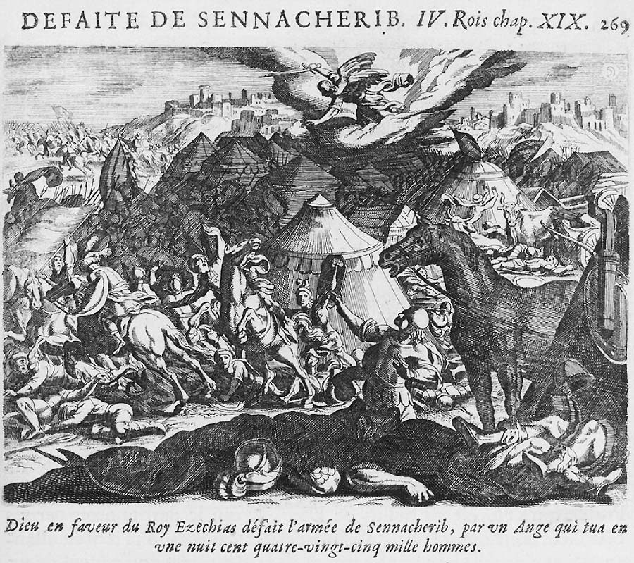 Am oberen Bildrand schwebt der Engel des Herrnauf einer feurigen Wolke und schwingt sein Schwert. Unten im Lager bricht Panik aus und alle rennen und fallen übereinander.