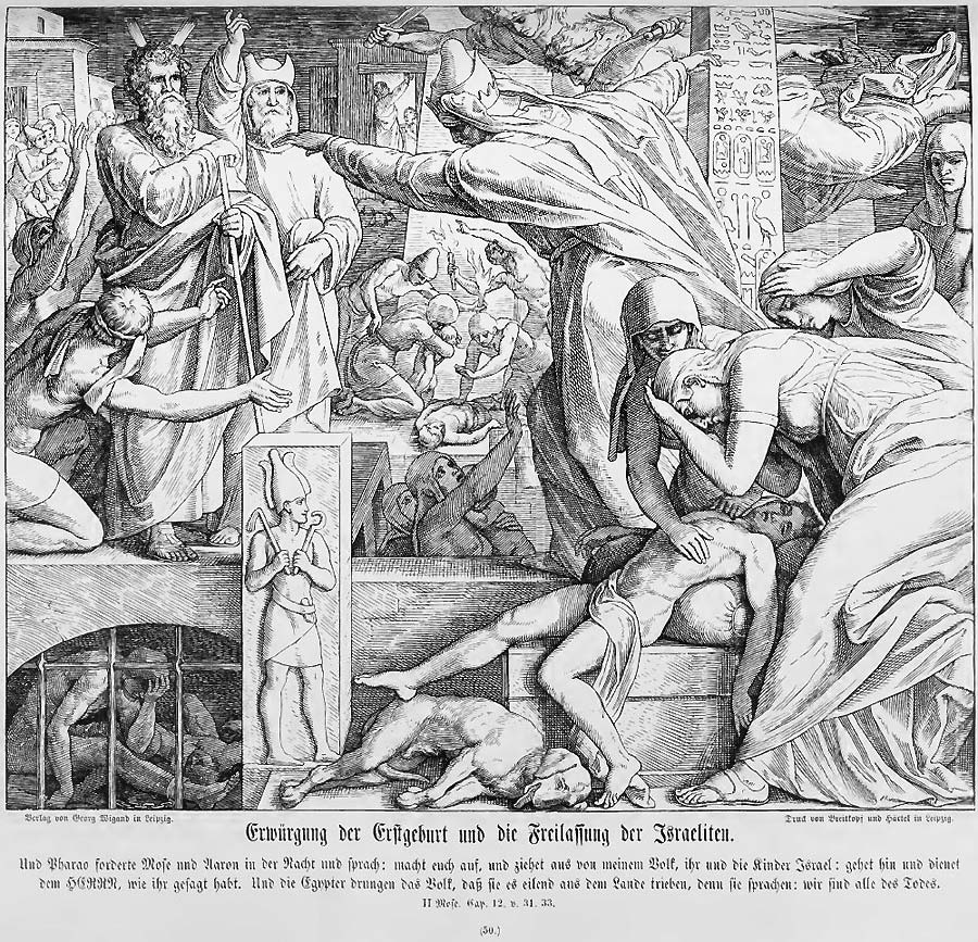 Das Bild zeichnet das  Entsetzen, das die Ägypter angesichts des Todes ihrer Erstgeburt bei Mensch und Vieh erfaßt. Eine der Sieben Plagen, mit denen Jahweh sein Volk aus der Hand der Sklavenhalter befreite.