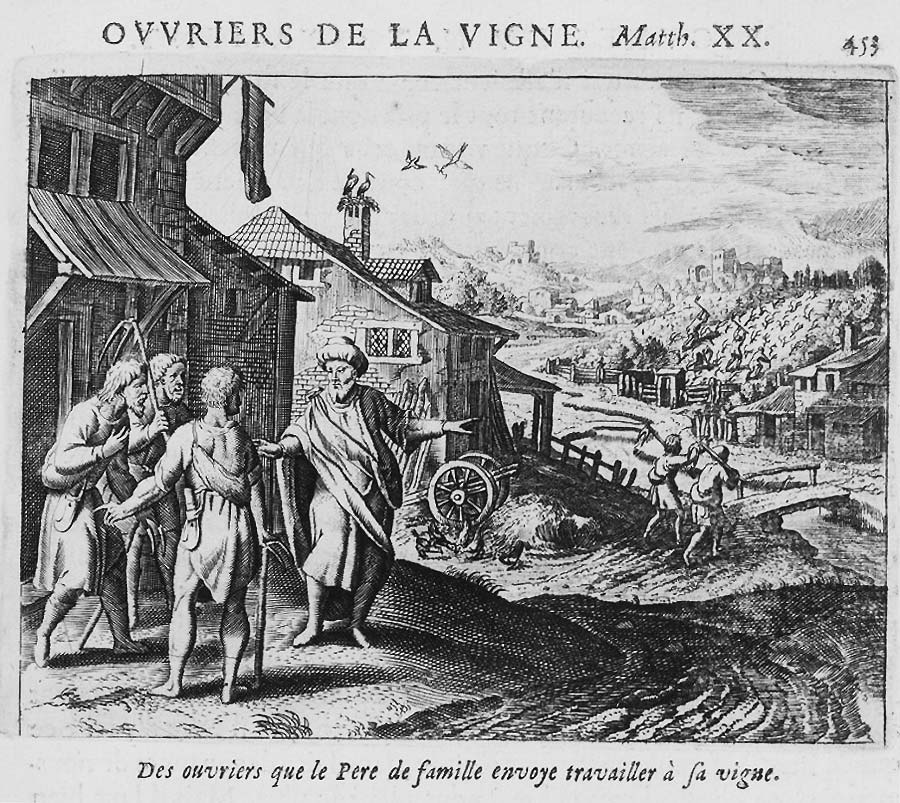Im Vordergrund ein wohlhabendes Haus mit dem Hausvater, der die zu verschiedenen Zeiten gedungenen Arbeiter in seinen Weinberg schickt. Weiter entfernt in der Landschaft dann der Weinbarg selbst, in dem einige Männer bereits bei der Arbeit sind.