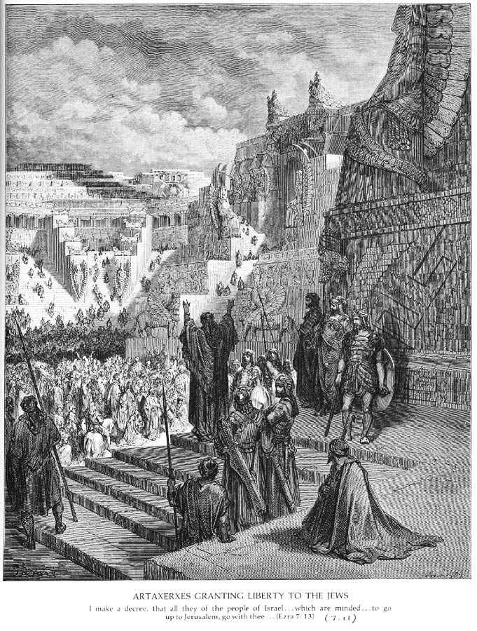 In einer imposanten Architektur-Kulisse - der Hintergrund zitiert die &bdquo;hängenden Gärten&ldquo; verkündigt König Artaxerxes seinen Beschluss zur Freilassung der Juden aus Babylon. Der König steht vorne mit den Rücken zum Betrachter auf dem Absatz einer Freitreppe, die Juden weit darunter in einem Innenhof