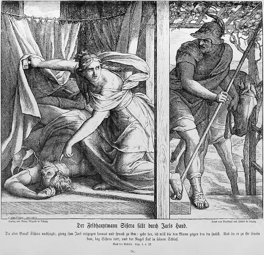 Rechts kommt gerade Barak, der Sisera verfolgt - in der linken Bildhälfte die tapfere Jael, die den feindlichen Hauptmann soeben bereits mit einer List getötet hat