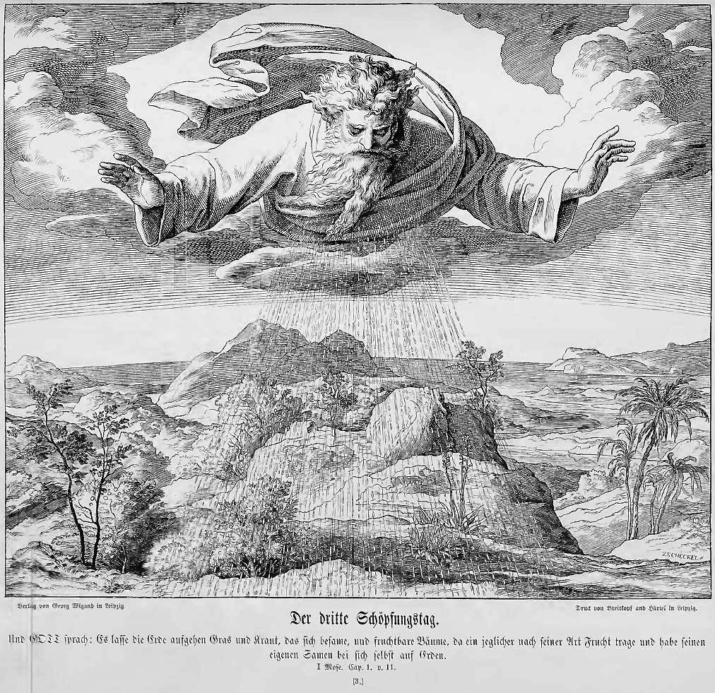 Der Schöpfer, so groß wie die ganze darunter dargestellte Welt, hat den Himmel aufgerissen und läßt lebensspendenden Regen auf die Erde niederfallen.