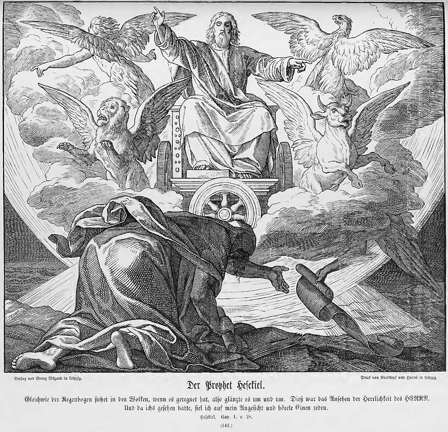 Der Herr - hier unverkennbar als Christus und nicht als &bdquo;Der Uralte&ldquo; gezeichnet - sitz auf dem Thronwagen, umgeben von den Vier Lebendigen Wesen - hier nicht als Stützen des Thrones, sondern als Verkünder des Evangeliums.