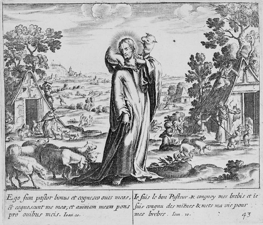 Christus, als guter Hirte mit einem Schaf auf den Schultern, steht in einer dörflichen Landschaft, grasende Schafe zu seinen Füßen.