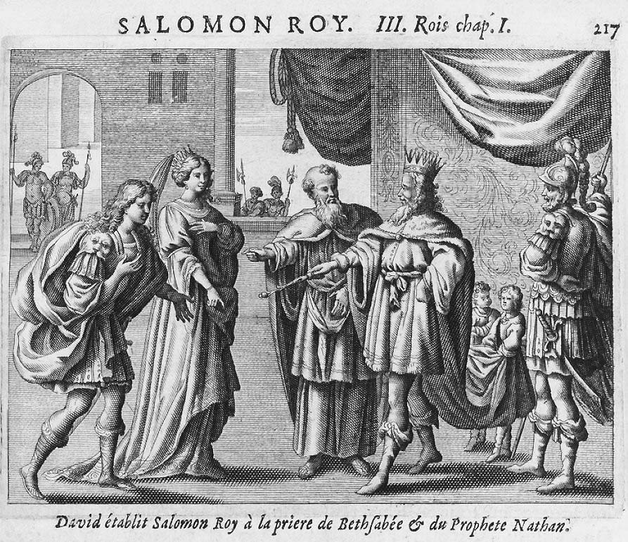 Der greise David übergibt seinem Sohn das königliche Szepter. Die ganze Szene ist ohne jede Altertümelei kompromisslos im Stil des 17./18. Jahrhunderts dargestellt - den David beratenden Hohenprister im Kardinalsgewand inklusive.