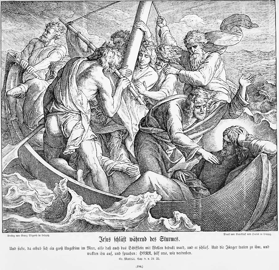 Der Holzschnitt aus der Bilderbibel zeigt die bekannte Szene aus dem Neuen Testament: Die Jünger fahren im Sturm über den See genezareth - Jesus schläft ruhig im Boot. Einer tritt an den Herrn heran und weckt ihn, damit er die Gefahr abwende-