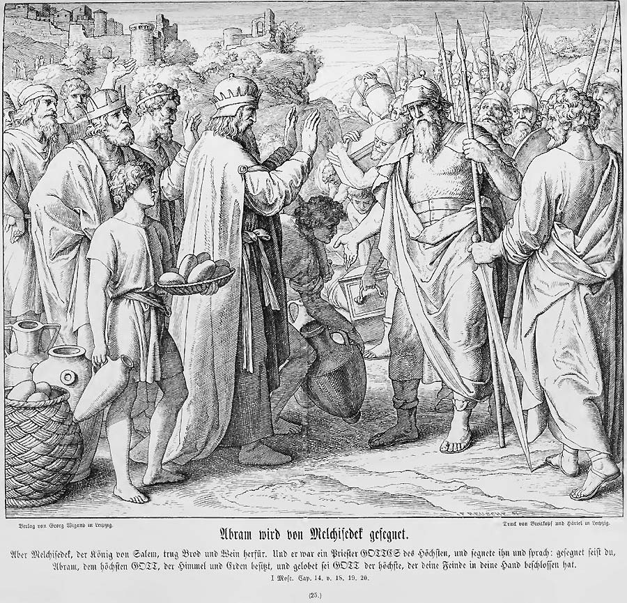 Die Begegnung von Abraham und Melchisedech. Abraham leistet den Zehnten - er erkennt die Oberheit Melchisedechs an. Und Melchisedechs Diener bringen Brot und Wein für das unblutige Opfer