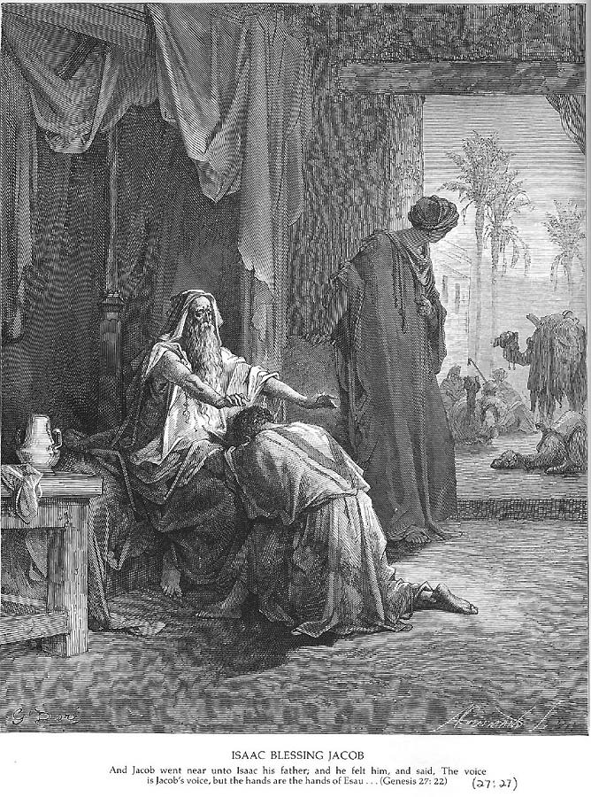 Jakob kniet vor seinem Vater Isaak und erhält den erschlichenen Segen. Die Szene ist ein orientalisches Prunkzelt mit Teppichen und Vorhängen. Durch eine türartige Öffnung sieht man einen Lagerplatz von Kamelen unter Palmen.