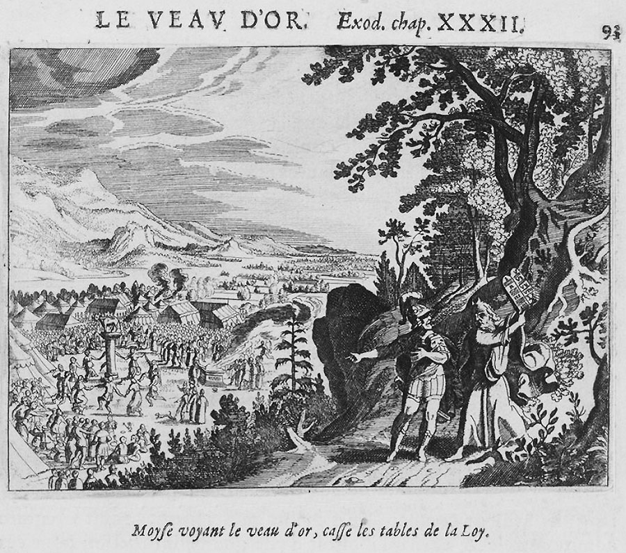 Im Vordergrund der hoherpriesterlich gekleidete Moses, der beim Abstieg vom Berg Horeb den im linken Bildhintergrund dargestellten Tanz der Israeliten um das goldene Kalb erblickt und wütend die Gesetzestafeln zerschmettert.