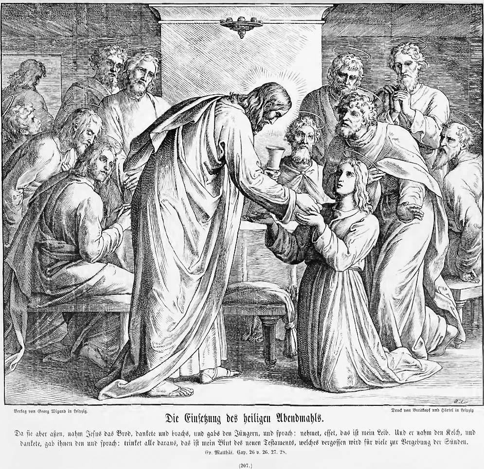 Eine Abendmahlsszene. Im Vordergrund stehend Christus mit Kelch und Brot in den Händen, der sich zu dem vor ihm knienden Johannes niederbeugt. Im Hintergrund ringsum der Kreis der Apostel. Einer verläßt durch eine nur angedeutete Tür den Raum: Judas.