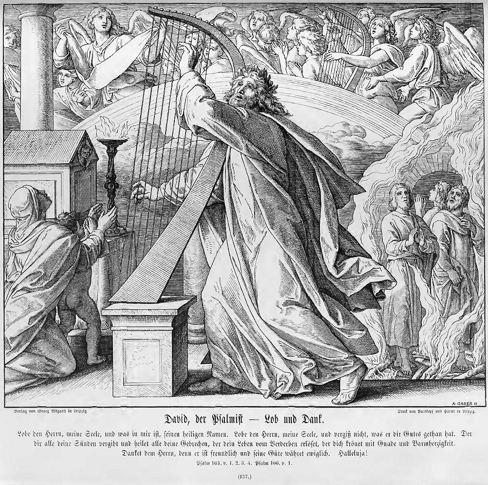 Im Vordergrund und die ganze Darstellung beherrschend der an der Harfe stehende und Gott preisende David. Im Mittelgrund rechts die drei Jünglinge im Feuerofen; links eine weibliche Gestalt &ndash; Maria vielleicht, oder das personifizierte Volk israel Darüber über die ganze Bildbreite der Himmlische Chor.