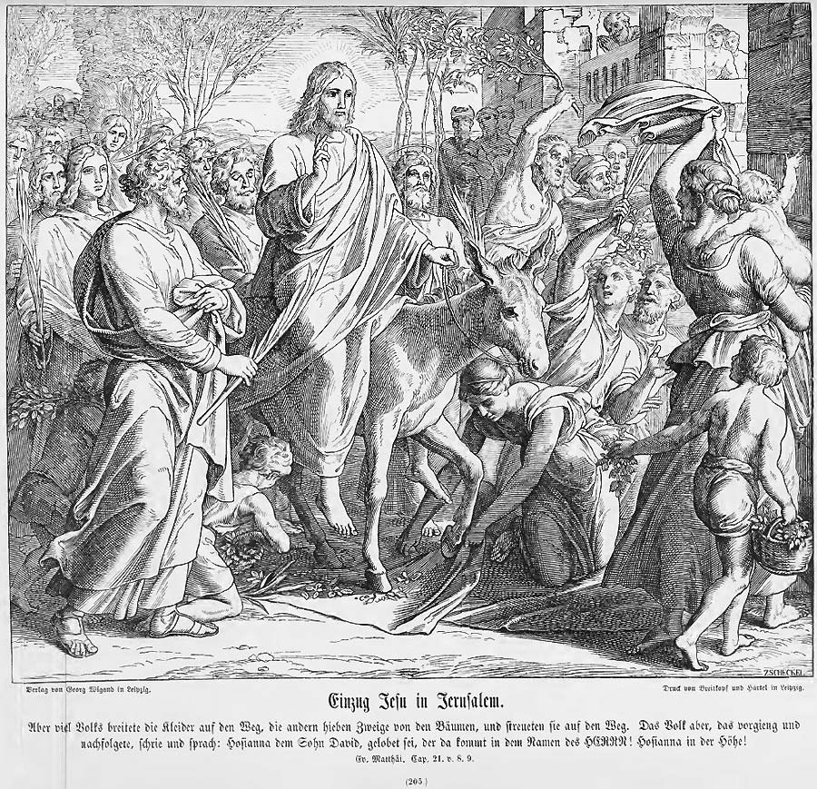 Einzug Jesu in Jerusalem. Der Messias auf dem Esel sitzend als Hauptmotiv in der Mitte, drumherum Palmzeige schwenkende oder auf die Straße legende Bewohner der STadt.