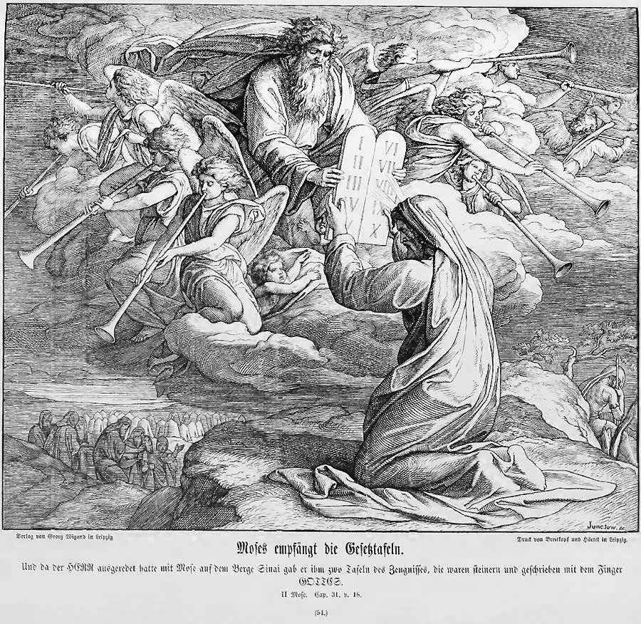 Moses kniet auf seinem Mantel auf der Spitze des Berges und empfängt vom Herrn die Gesetzestafeln. Der Herr selbst ist als &bdquo;der Alte&ldquo; dargestellt und schwebt mitsamt den ihn umgebenden himmlischen Heerscharen auf einer Wolke.