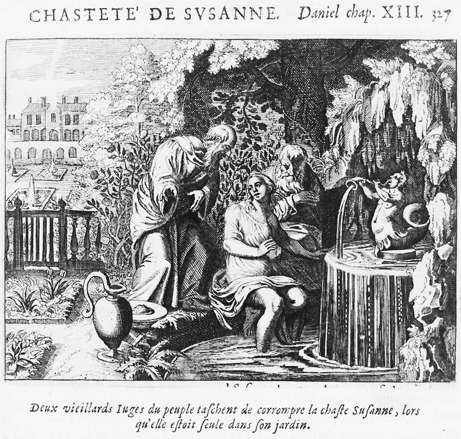 Zentrum der Darstellung ist die nur mit einem leichten Oberrgewand bekleidete Susanna, die am Rande eines reich barock ausgeschmückten Grottenbrunnens sitzt und sich die Füße wäscht. Hinter ihr stehen die beiden lüsternen Greise und reden bedrängend auf sie ein.