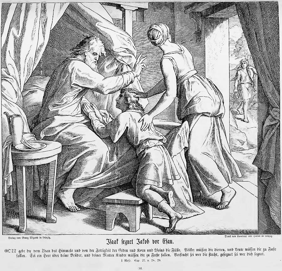 Jakob kniet vor seinem alten Vater Isaak und empfänght (unberechtigterweise) dessen Segen