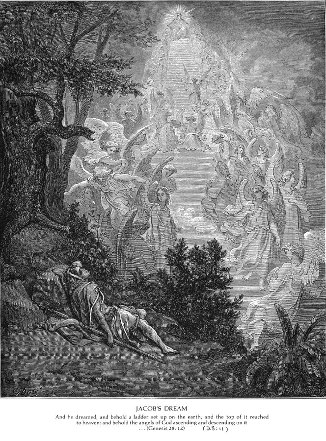 Der TRaum Jakobs von der Himmelsleiter. Im dunklen Vordergrund der schlafnde Jakob, rechts den größeren Teil des Bildes einnehmend die hell erleuchtete Himmelsleiter. Sie ist hioer als Treppe ausgeführt, auf der die Engel hinauf- und hinabsteigen, ganz oben, im unzugänglichen Licht kaum erkennbar, der thronende Herr.