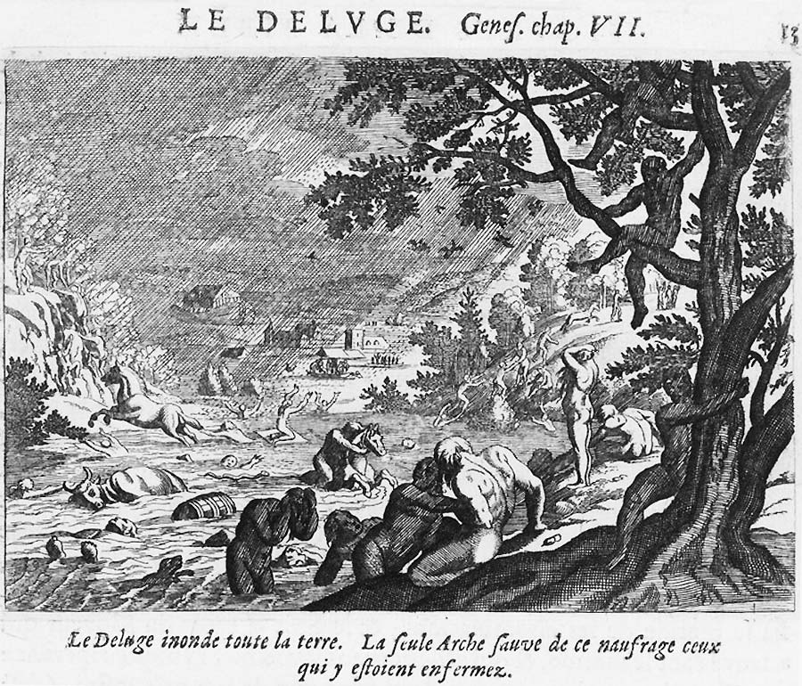 Die klassische Darstellung der Sintflut zeigt einen Bach, der zum Strom angeschwollen <Mensch und Vie mit sich reiß. Einige haben sich ans Ufer gerette, sogar Bäume bestiegen - bei der Sintflut brachte auch das keine Rettung.