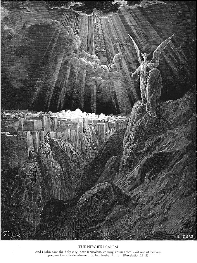 Strahlend erhebt sich das neue, das himmlische Jerusalem, aus den Trümmern der vergehenden alten Welt.