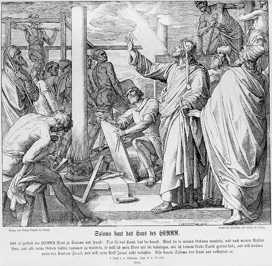 Salomo, umgeben von Bauleuten und Architekten, gibt auf der Baustelle des Tempels seine Anweisungen.