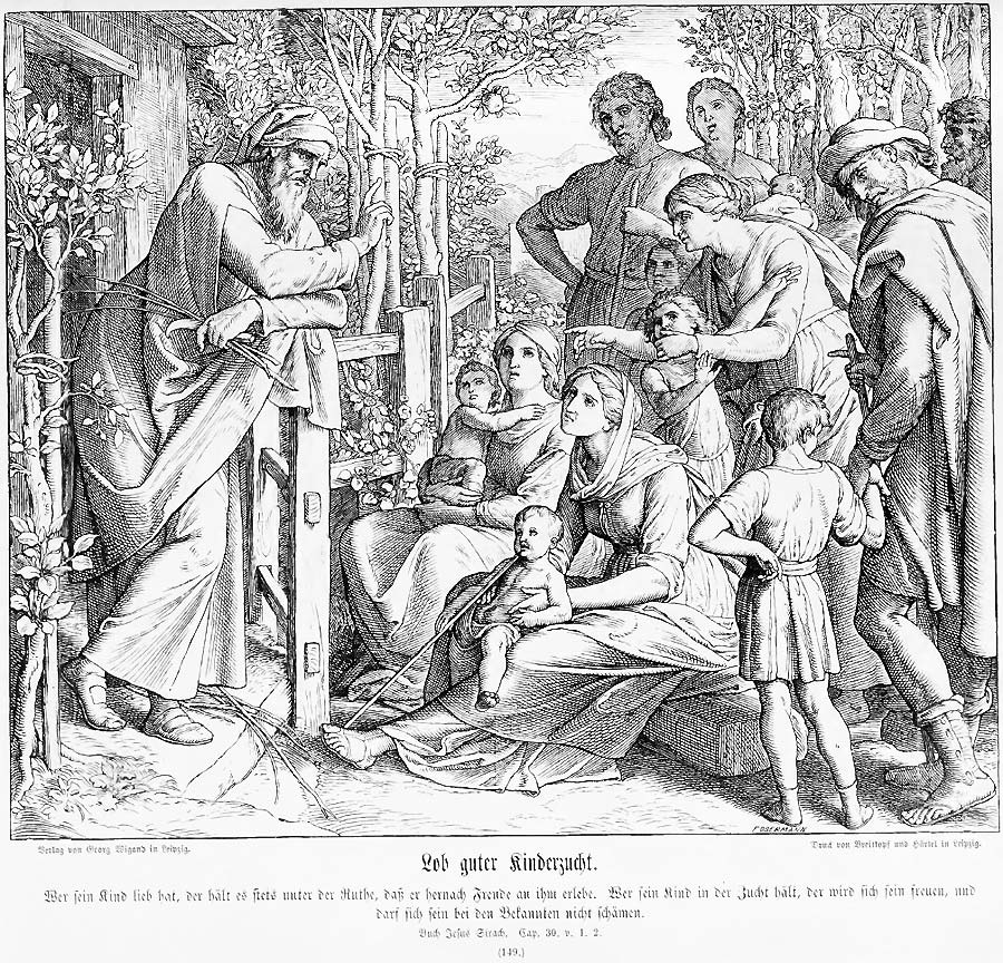 Links im Bild als beherrschende Figur der Familienvater oder ein Schriftlehrer, vor ihm auf dem Boden sitzend Frauen mit ihren Kindern. Auch ein Mann mit seinem Sohn tritt hinzu.