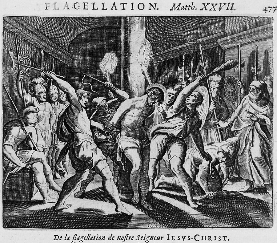 Klassische Darstellung der Geißelung Christi: Der Erlöser steht an eine Säule gefesselt in einem finsteren Verließ, ringsum die Folterknechte, die auf ihn einschlagen.