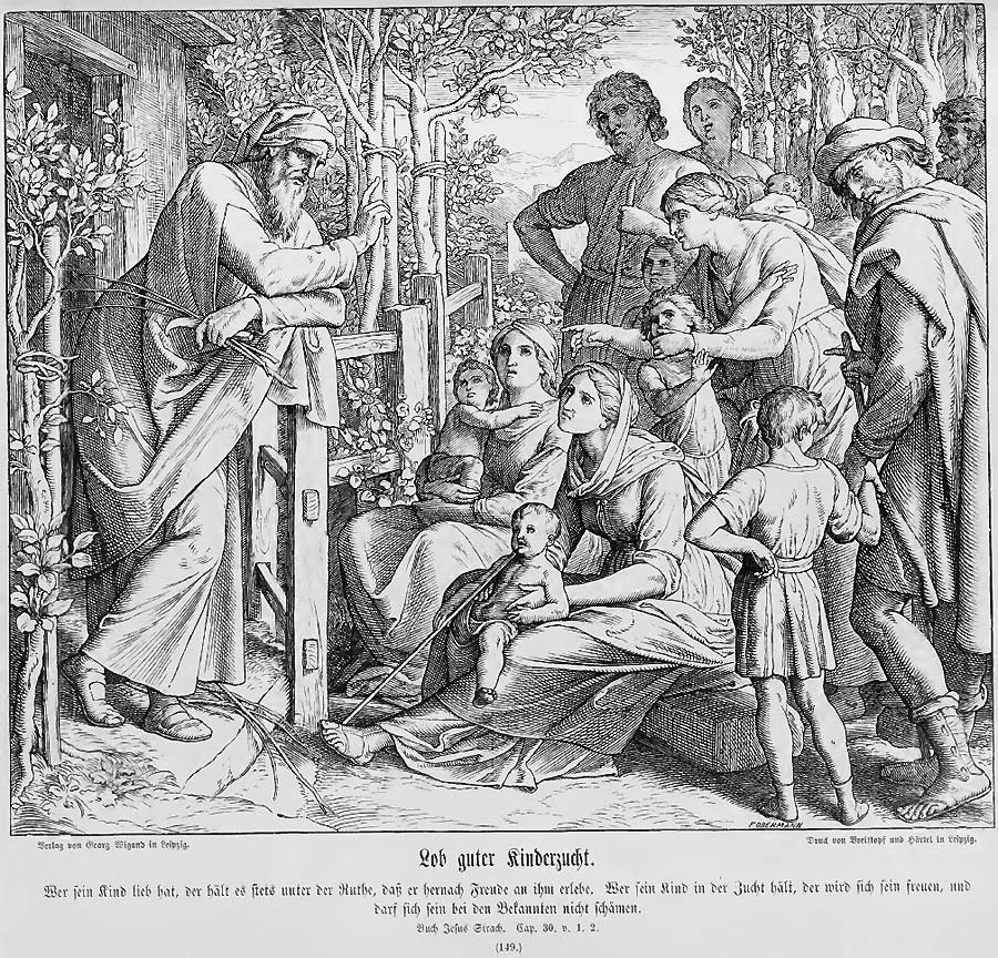 Links im Bild als beherrschende Figur der Familienvater oder ein Schriftlehrer, vor ihm auf dem Boden sitzend Frauen mit ihren Kindern. Auch ein Mann mit seinem Sohn tritt hinzu.