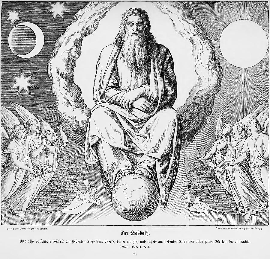 Die com Künstler für die Illustration des Sabbaths geschaffene Darstellung  sieht den Herrn in himmlischer Ruhe im Zentrum des belebten und unbelen Universums, das er soeben geschaffen hat.