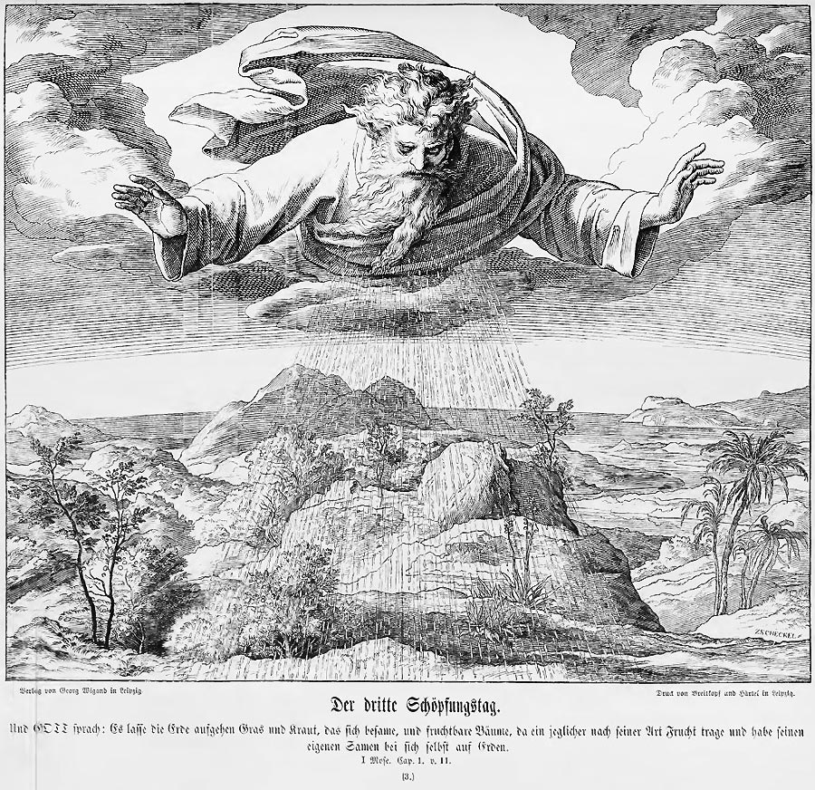 Die ober Hälfte des Bildes ist beherrscht vom gewaltig über den Wolken schwebenden Herrn. Von ihm geht Regen und Segen aus, der die in der unteren Hälfte dargestellte öde Erde zum Grünen und Blühen bringt.