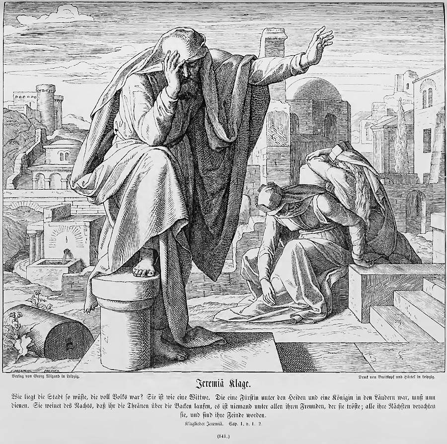 Der Prophet steht hoch aufgerchtet amit einem Fuß auf dem Stumpf einer geborstenen Säule, im Mittelgrund zwei Frauen mit der Mauerkrone, im Hintergrund die Stadtlandschaft in Ruinen.